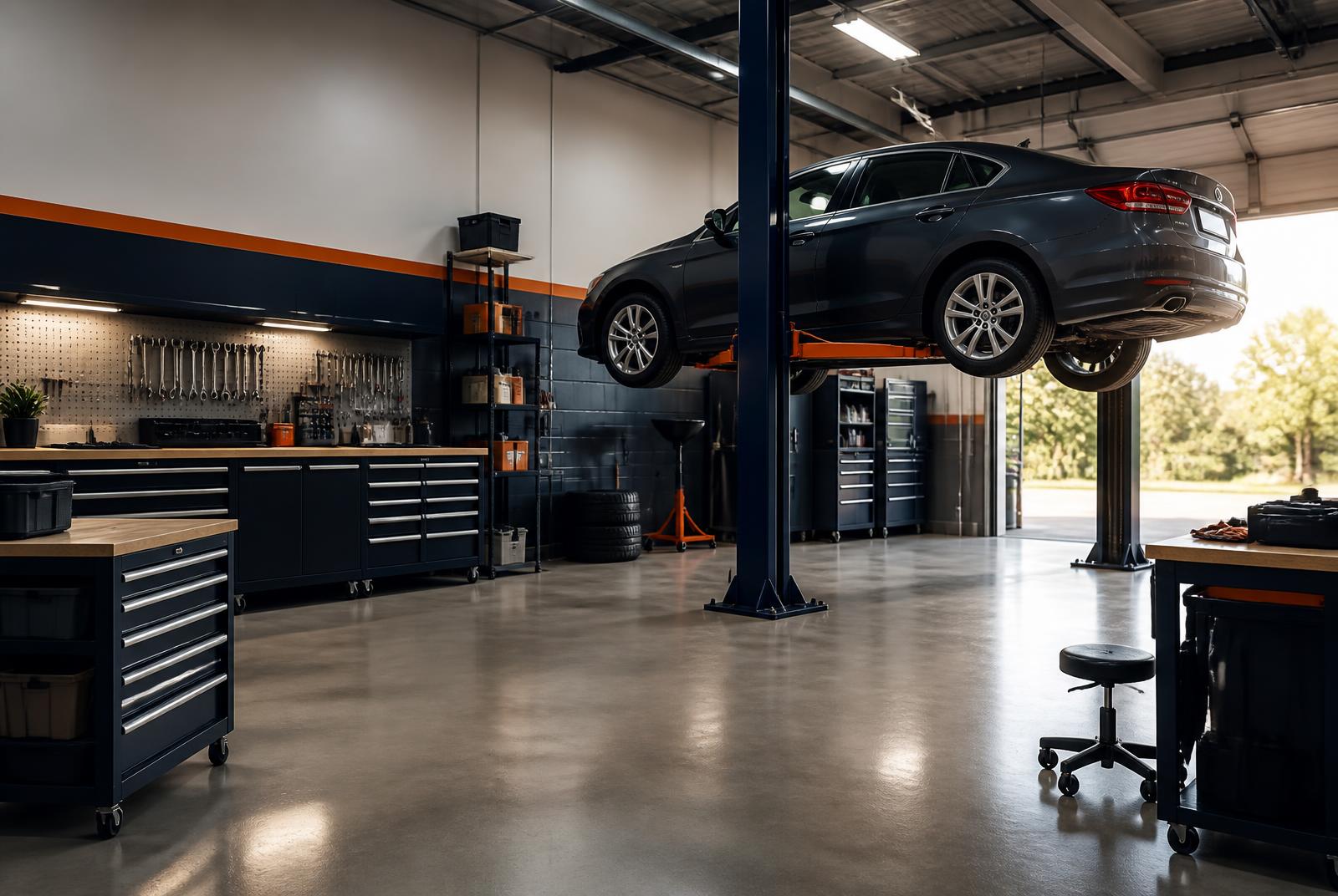 Illustration of a car raised on a lift inside a tidy repair shop service bay